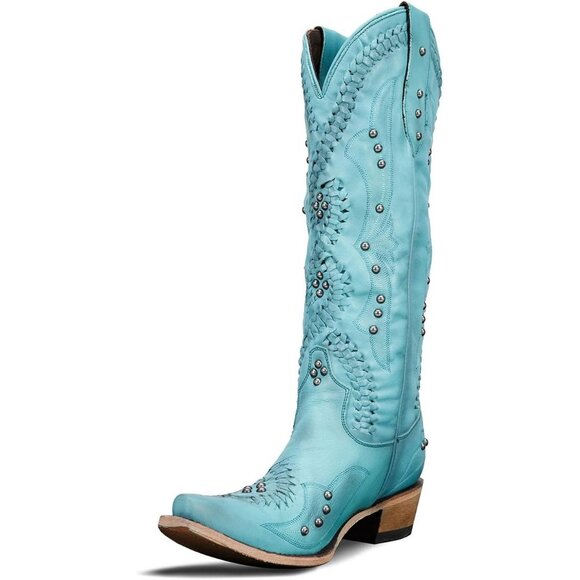 Women's Blue Vintage Embroidered Western Pointed Toe Chunky Heel Zipper Boots - Picture 6 of 7